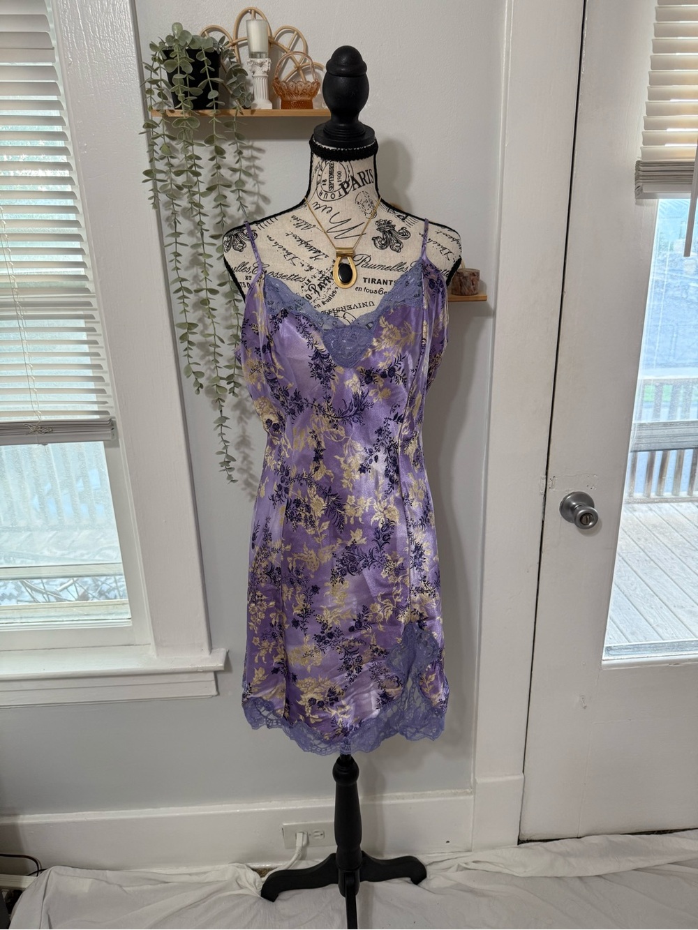 delicates Lavender Slip Dress with Gold & Navy Floral Print